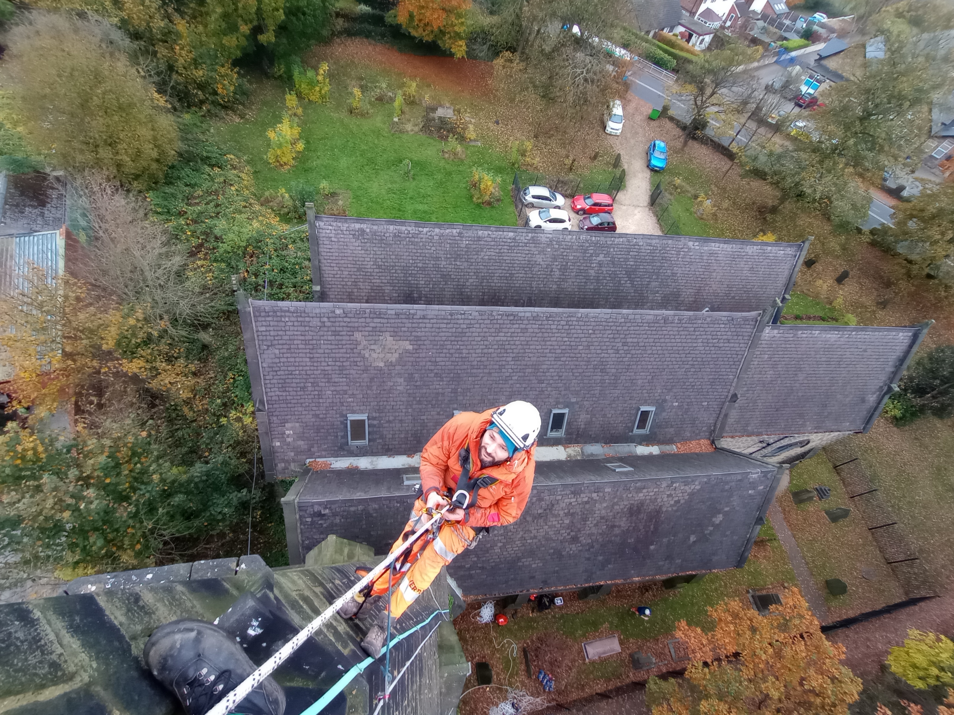 High-level inspection to the damaged tip of a church spire of Church of St John, Chapeltown
